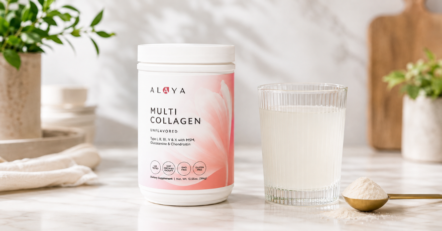 alaya multi collagen canister on counter