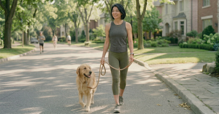 woman walking dog outside