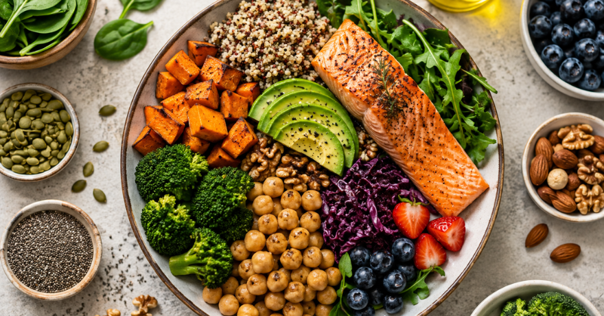 nutrient dense plate with salmon and superfoods
