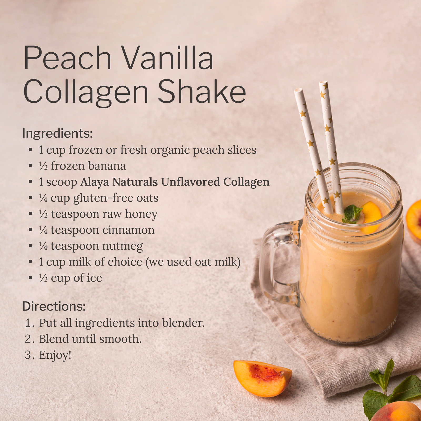 Peach Vanilla Collagen Shake recipe with a glass of shake and ingredients listed. 